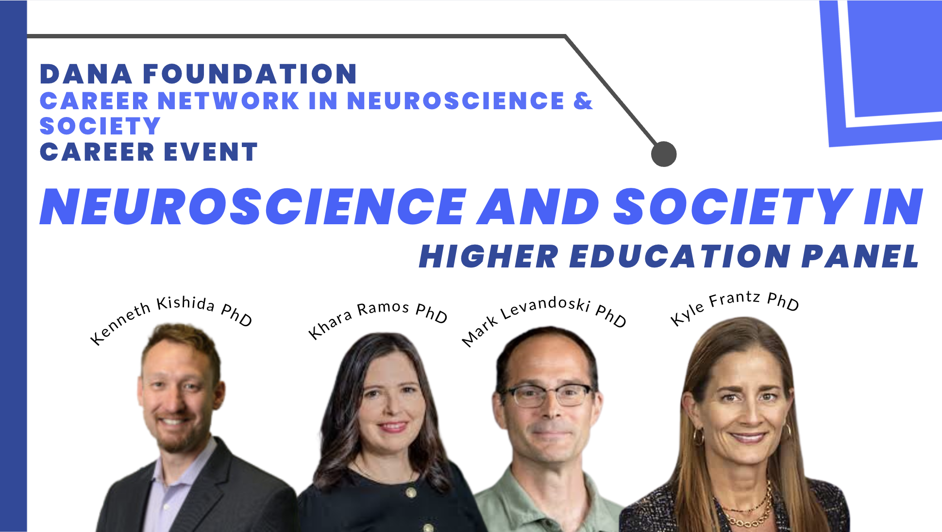 Dana Foundationn Career Network in Neuroescience & Society Career Event. Neuroscience and Society in Higher Education Panel. Kenneth Kishida, Khara Ramos, Mark Levandoski, Kyle Frantz (with their profile photos)