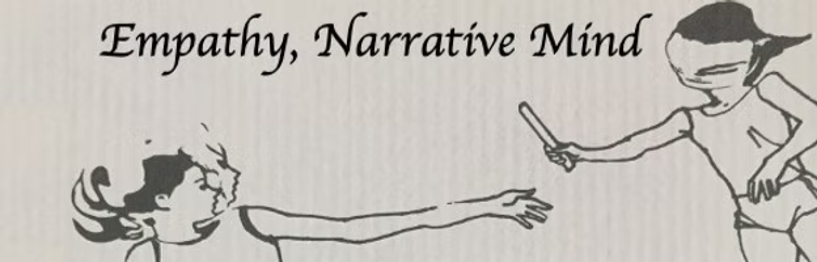 Empathy, Narrative Mind; with two people passing a batan like a Michaelangelo painting but simple cartoon people style