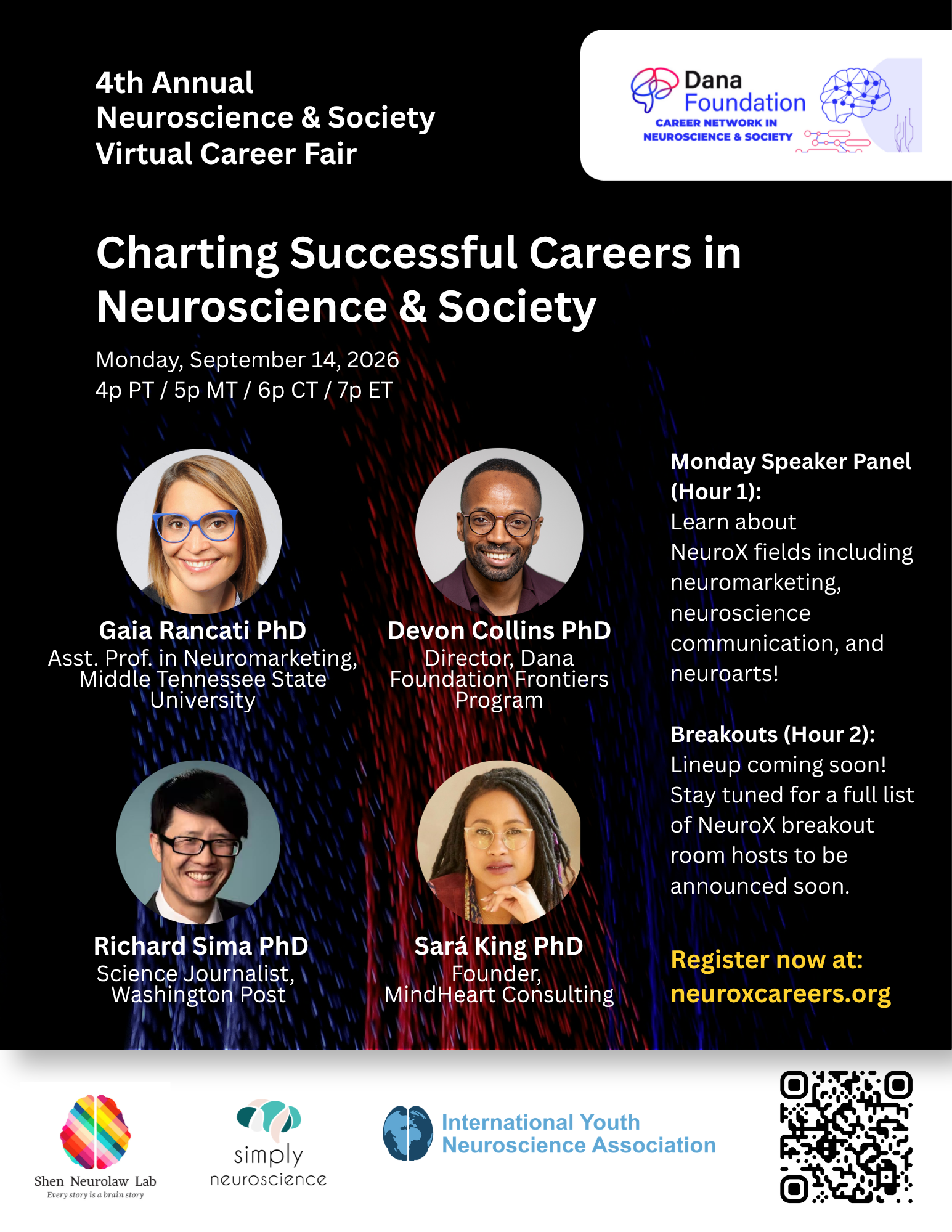 Career Fair flyer for Charting Successful Careers in Neuroscience & Society with panels speakers and profile images