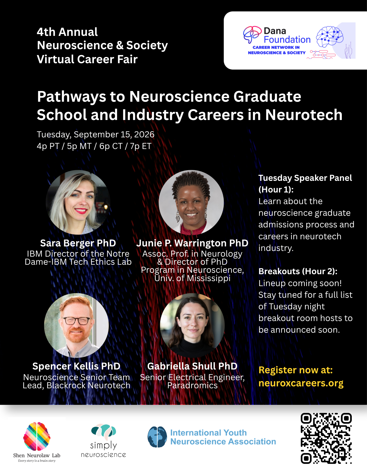 Career Fair flyer for Pathways to Neuroscience Graduate School and Industry Careers in Neurotech with panels speakers and profile images